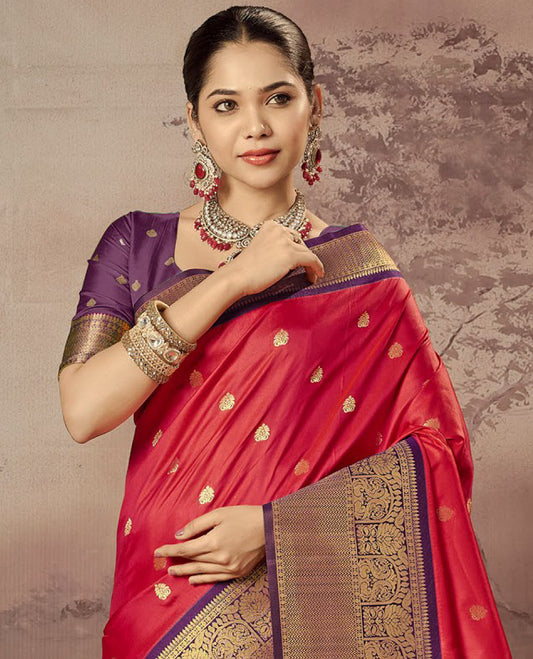 Red Paithani Designer Catalog Saree, Graced with Zari Buttas, a Contrast Traditional Zari Border, Temple Pallu, and a Contrast Blouse