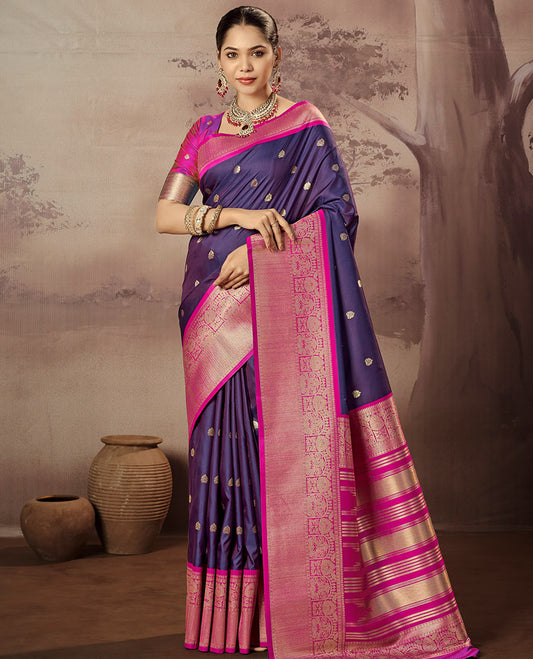 Violet Paithani Designer Catalog Saree, Accentuated with Zari Buttas, a Contrast Traditional Zari Border, Temple Pallu, and a Contrast Blouse