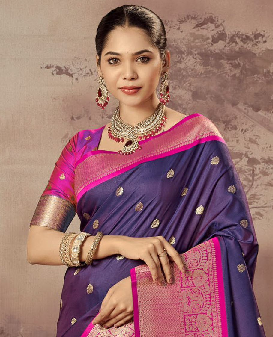 Violet Paithani Designer Catalog Saree, Accentuated with Zari Buttas, a Contrast Traditional Zari Border, Temple Pallu, and a Contrast Blouse