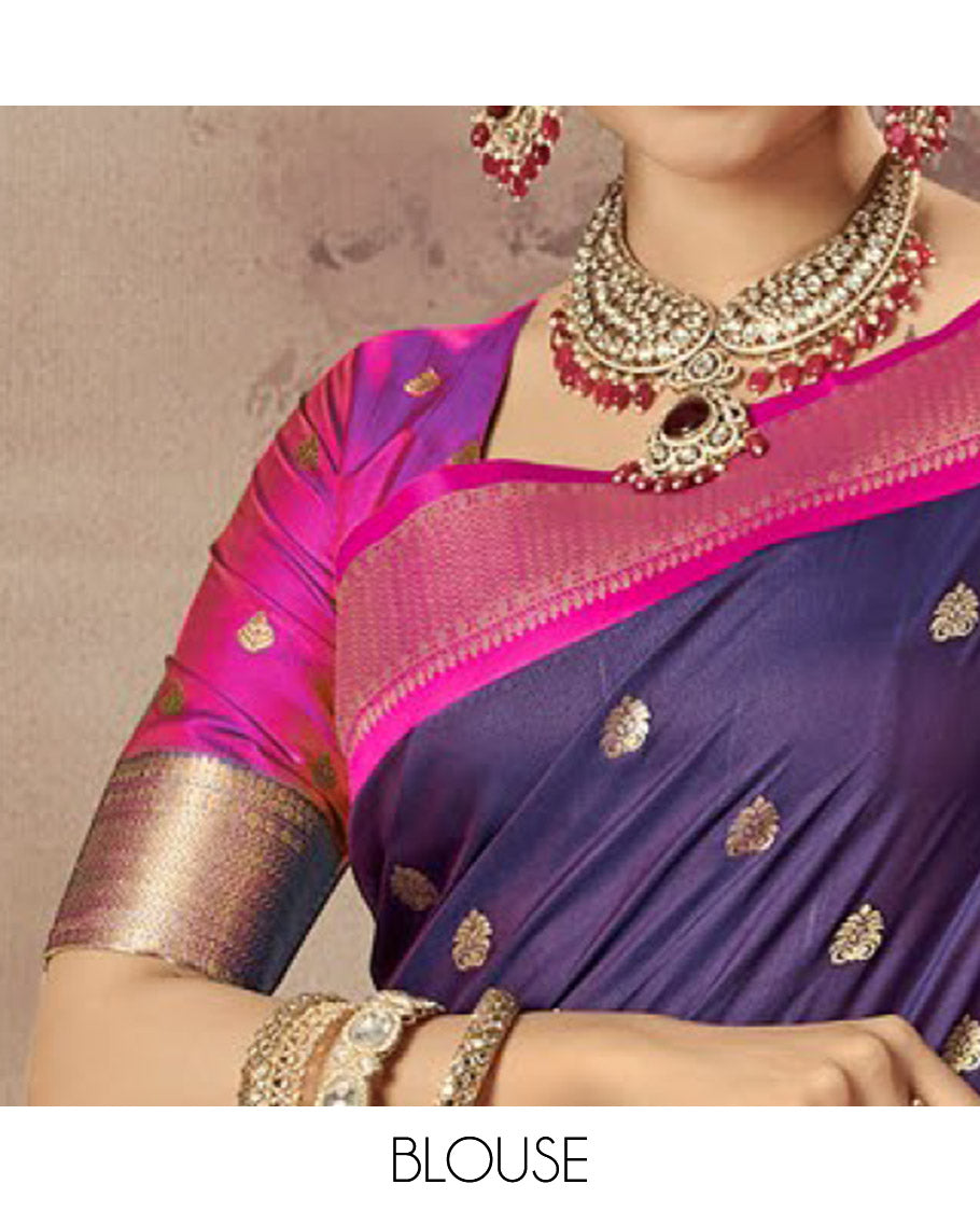Violet Paithani Designer Catalog Saree, Accentuated with Zari Buttas, a Contrast Traditional Zari Border, Temple Pallu, and a Contrast Blouse