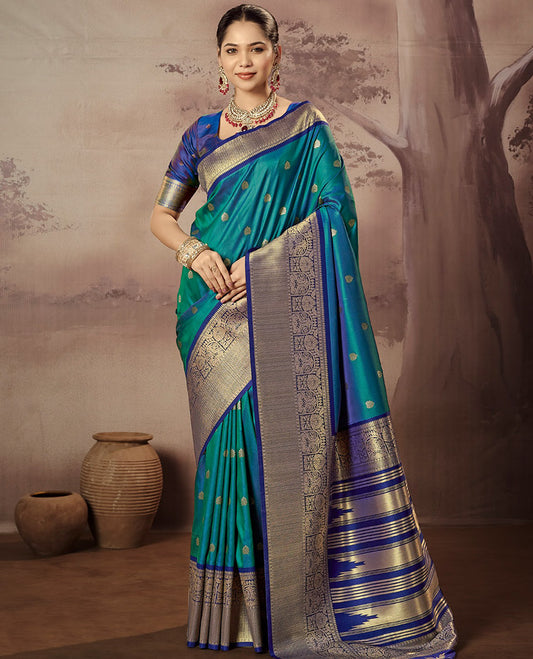 Peacock Blue Paithani Designer Catalog Saree, Embellished with Zari Buttas, a Contrast Traditional Zari Border, Temple Pallu, and a Contrast Blouse