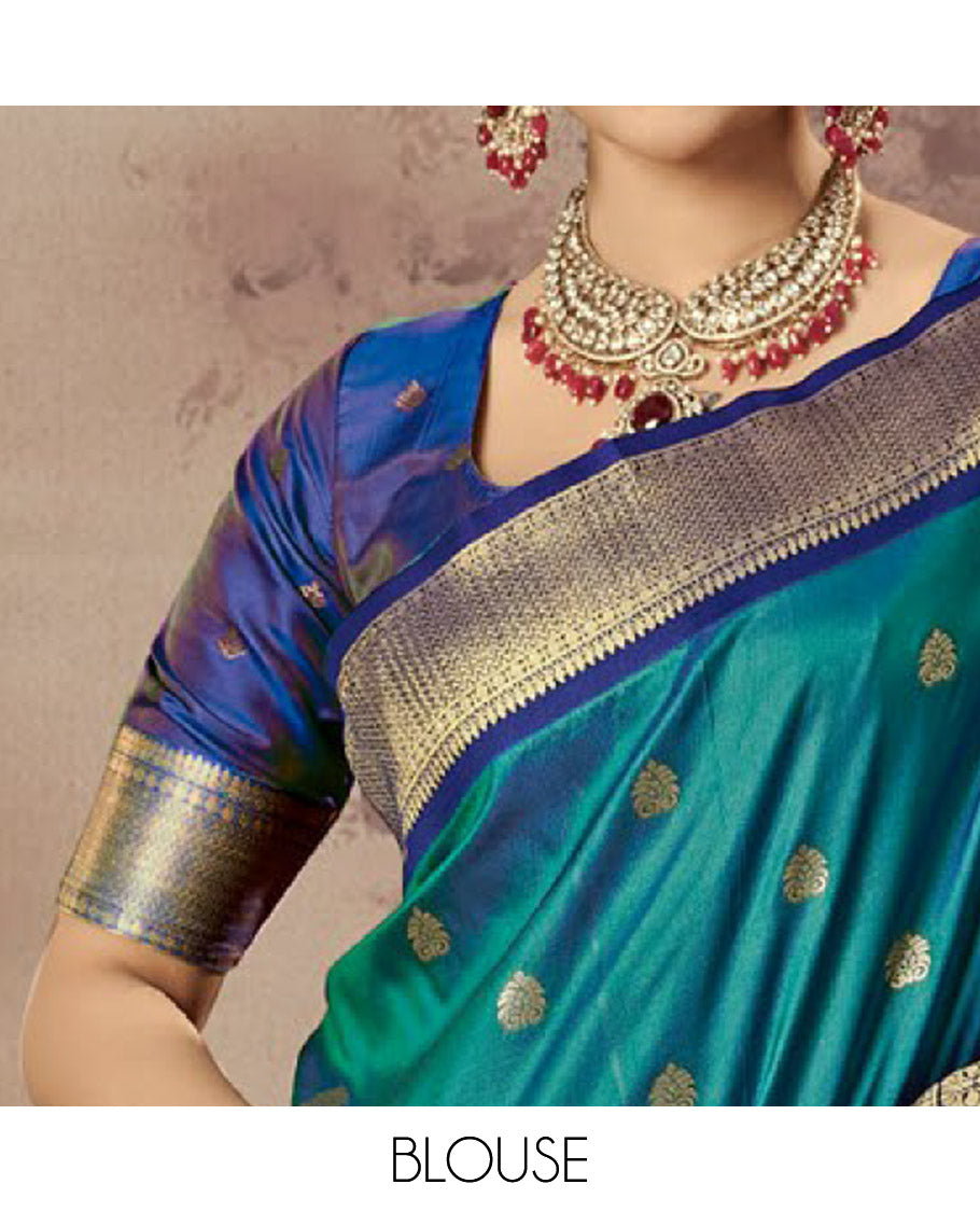 Peacock Blue Paithani Designer Catalog Saree, Embellished with Zari Buttas, a Contrast Traditional Zari Border, Temple Pallu, and a Contrast Blouse