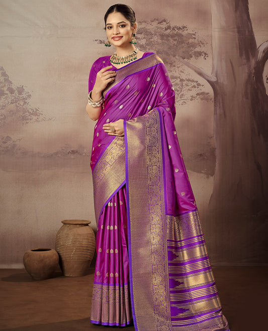 Purple Paithani Designer Catalog Saree, Ornamented with Zari Buttas, a Contrast Traditional Zari Border, Temple Pallu, and a Contrast Blouse