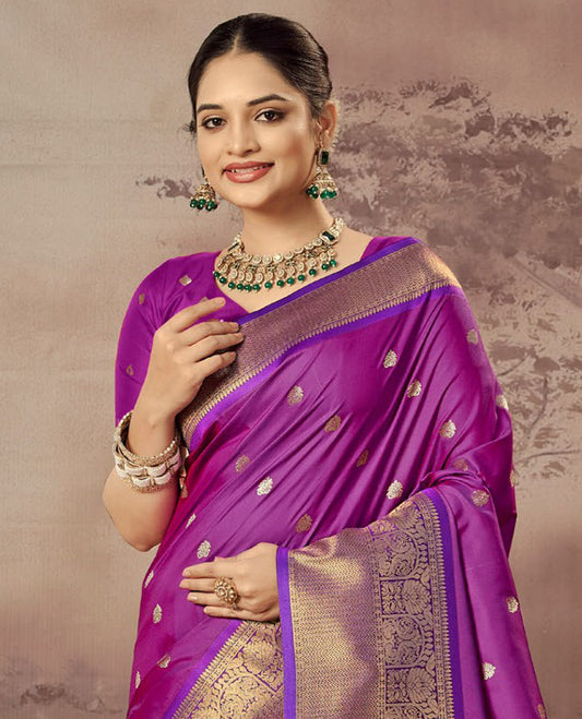Purple Paithani Designer Catalog Saree, Ornamented with Zari Buttas, a Contrast Traditional Zari Border, Temple Pallu, and a Contrast Blouse