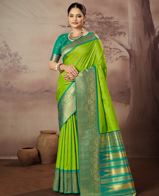 Parrot Green Paithani Designer Catalog Saree, Ornamented with Zari Buttas, a Contrast Traditional Zari Border, Temple Pallu, and a Contrast Blouse
