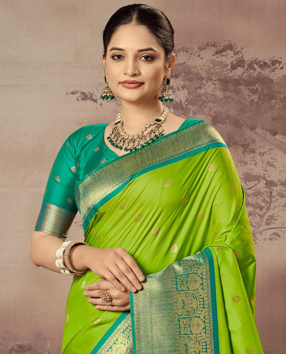 Parrot Green Paithani Designer Catalog Saree, Ornamented with Zari Buttas, a Contrast Traditional Zari Border, Temple Pallu, and a Contrast Blouse