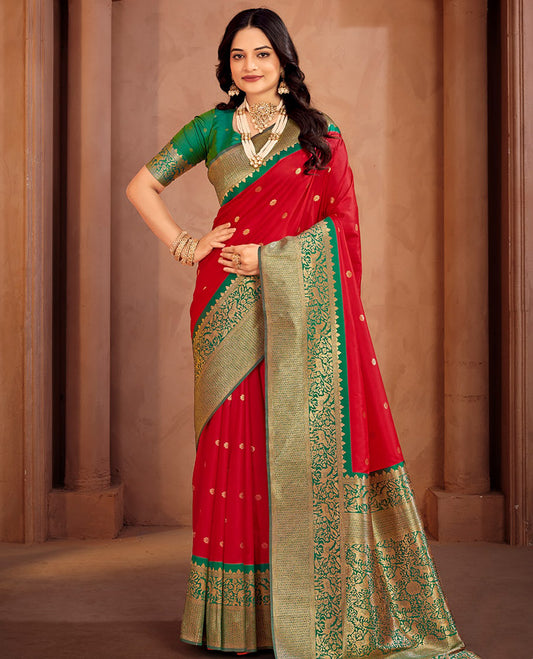 Red Art Silk Designer Catalog Saree, Woven with Zari Buttas, a Contrast Animal Motif Zari Border, Animal Motif Pallu, and a Contrast Blouse