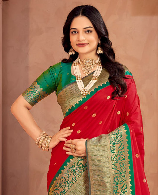 Red Art Silk Designer Catalog Saree, Woven with Zari Buttas, a Contrast Animal Motif Zari Border, Animal Motif Pallu, and a Contrast Blouse
