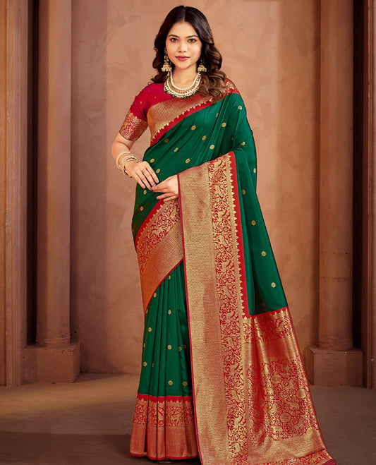 Green Art Silk Designer Catalog Saree, Woven with Zari Buttas, a Contrast Animal Motif Zari Border, Animal Motif Pallu, and a Contrast Blouse