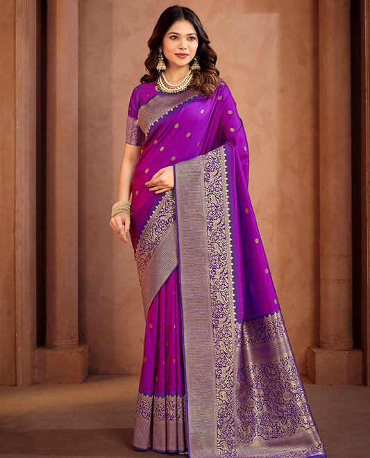 Purple Art Silk Designer Catalog Saree, Woven with Zari Buttas, a Contrast Animal Motif Zari Border, Animal Motif Pallu, and a Contrast Blouse
