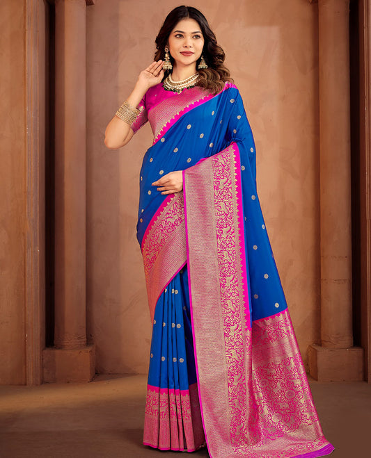 Royal Blue Art Silk Designer Catalog Saree, Woven with Zari Buttas, a Contrast Animal Motif Zari Border, Animal Motif Pallu, and a Contrast Blouse