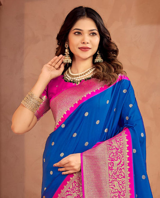 Royal Blue Art Silk Designer Catalog Saree, Woven with Zari Buttas, a Contrast Animal Motif Zari Border, Animal Motif Pallu, and a Contrast Blouse