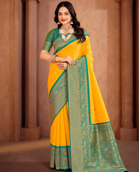 Yellow Art Silk Designer Catalog Saree, Subtly Sparkled with Zari Buttas, a Contrast Animal Motif Zari Border, Animal Motif Pallu, and a Contrast Blouse