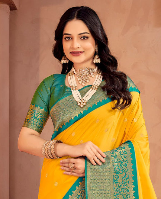 Yellow Art Silk Designer Catalog Saree, Subtly Sparkled with Zari Buttas, a Contrast Animal Motif Zari Border, Animal Motif Pallu, and a Contrast Blouse