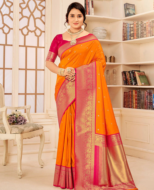 Orange Art Silk Designer Catalog Saree, Adorned with Zari Buttas, a Contrast Traditional Zari Border, Gleaming Zari Pallu, and a Contrast Blouse