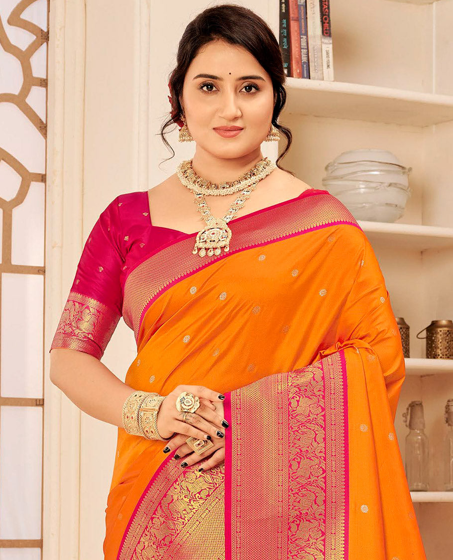 Orange Art Silk Designer Catalog Saree, Adorned with Zari Buttas, a Contrast Traditional Zari Border, Gleaming Zari Pallu, and a Contrast Blouse