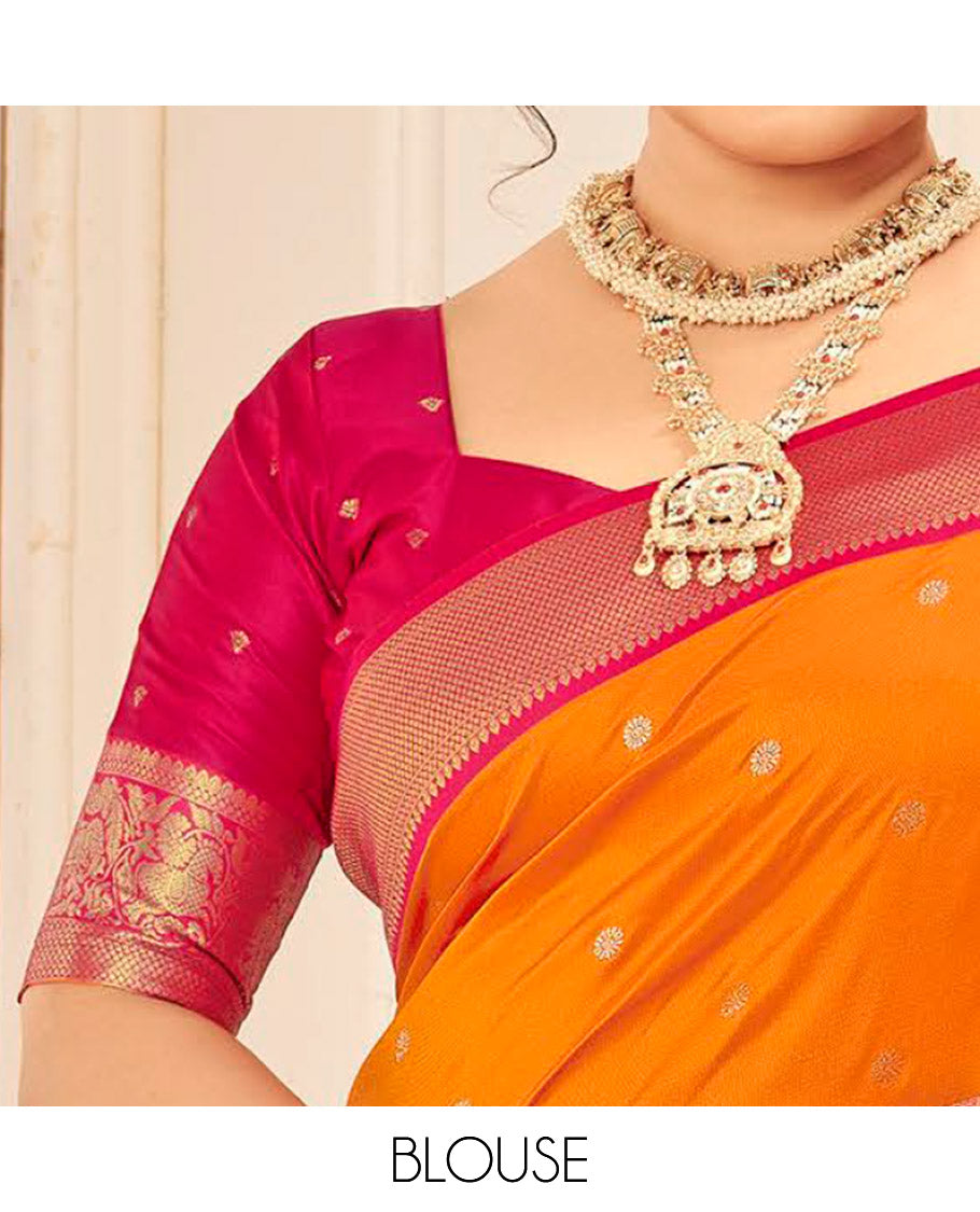 Orange Art Silk Designer Catalog Saree, Adorned with Zari Buttas, a Contrast Traditional Zari Border, Gleaming Zari Pallu, and a Contrast Blouse