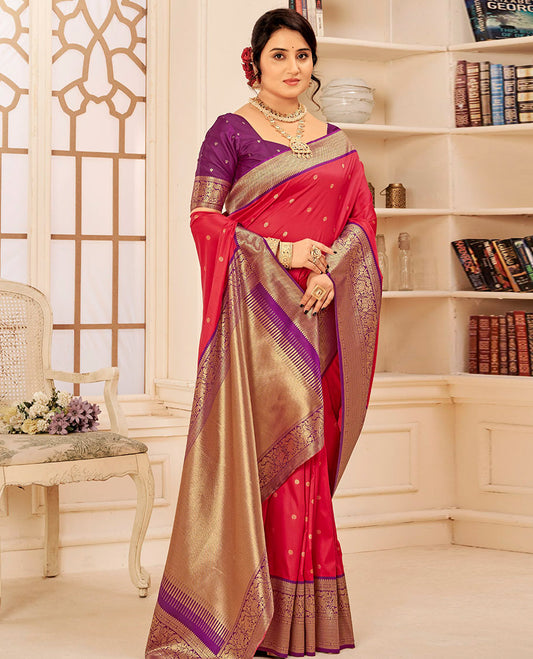 Red Art Silk Designer Catalog Saree, Finely Crafted with Zari Buttas, a Contrast Traditional Zari Border, Gleaming Zari Pallu, and a Contrast Blouse