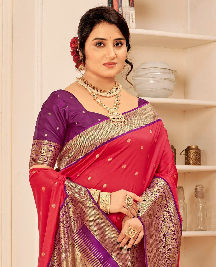 Red Art Silk Designer Catalog Saree, Finely Crafted with Zari Buttas, a Contrast Traditional Zari Border, Gleaming Zari Pallu, and a Contrast Blouse