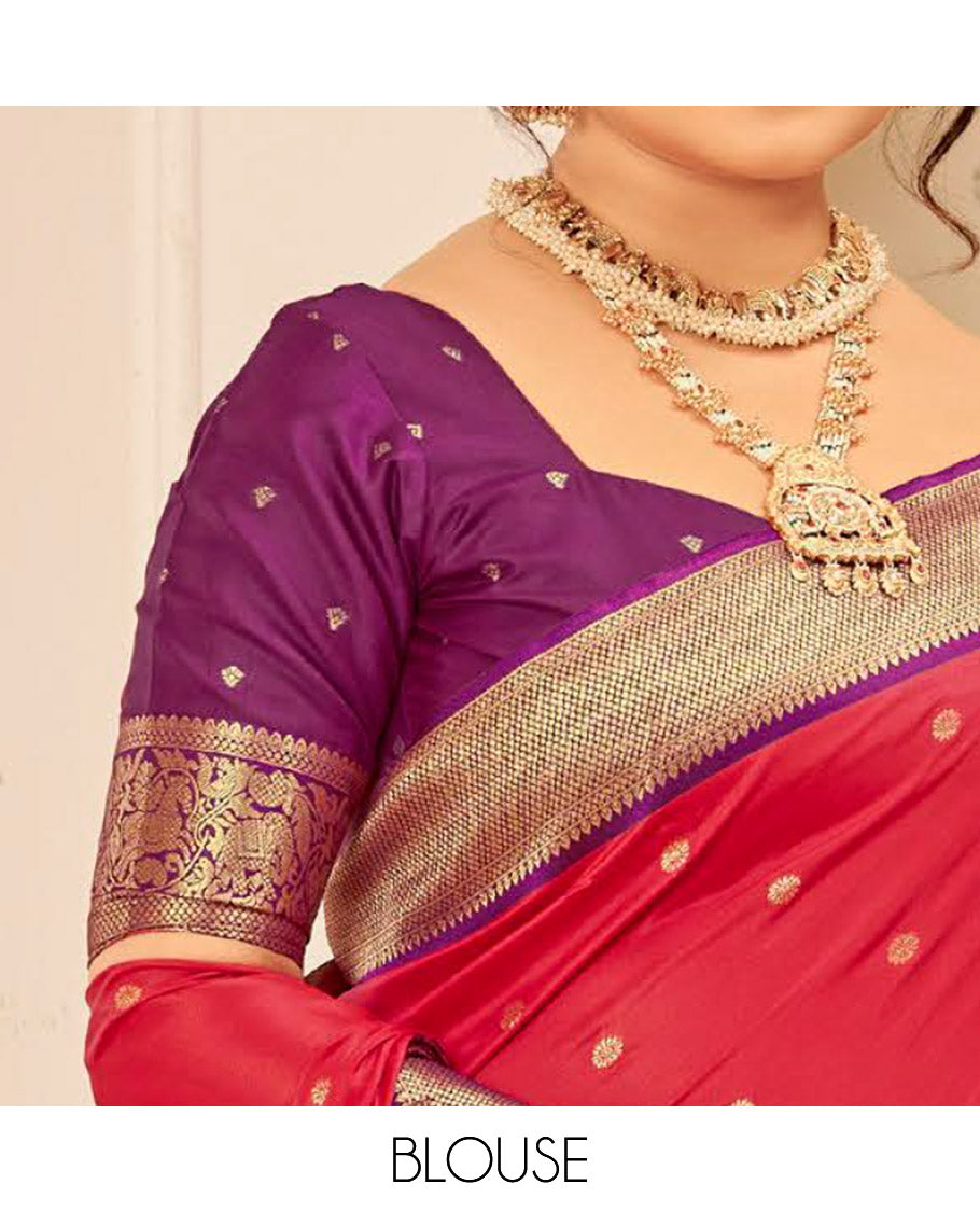 Red Art Silk Designer Catalog Saree, Finely Crafted with Zari Buttas, a Contrast Traditional Zari Border, Gleaming Zari Pallu, and a Contrast Blouse