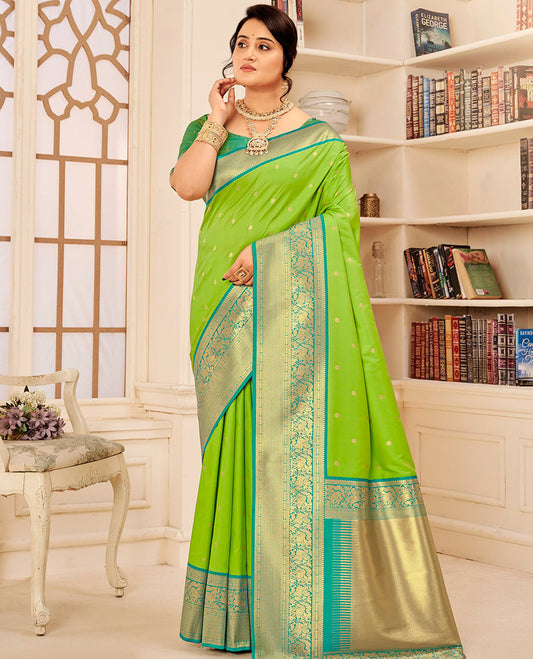 Parrot Green Art Silk Designer Catalog Saree, Sparsely Woven with Zari Buttas, a Contrast Traditional Zari Border, Gleaming Zari Pallu, and a Contrast Blouse