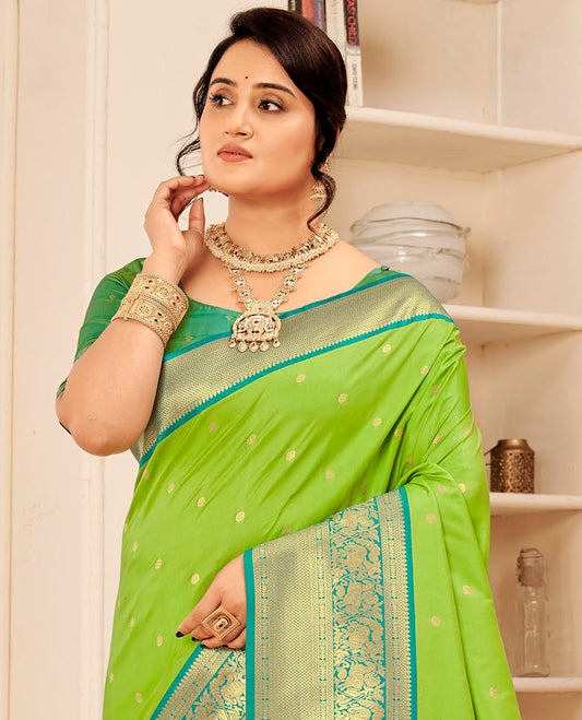 Parrot Green Art Silk Designer Catalog Saree, Sparsely Woven with Zari Buttas, a Contrast Traditional Zari Border, Gleaming Zari Pallu, and a Contrast Blouse