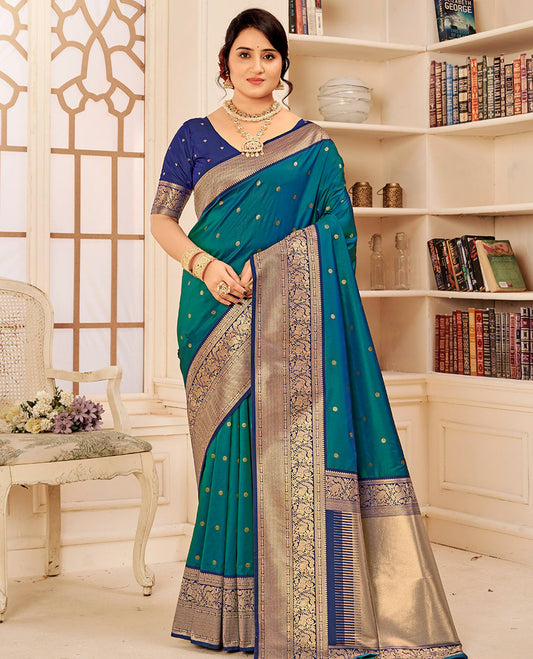 Peacock Blue Art Silk Designer Catalog Saree, Woven with Zari Buttas, a Contrast Traditional Zari Border, Gleaming Zari Pallu, and a Contrast Blouse