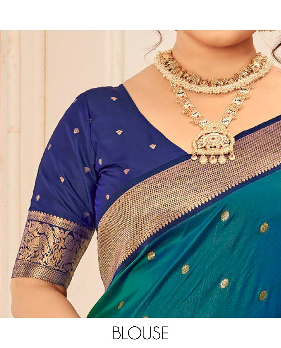 Peacock Blue Art Silk Designer Catalog Saree, Woven with Zari Buttas, a Contrast Traditional Zari Border, Gleaming Zari Pallu, and a Contrast Blouse