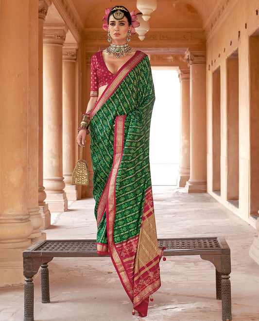 Green and red buttas enclosed checked designer catalog saree, contrast stone work border, and pallu of temple design and stone work