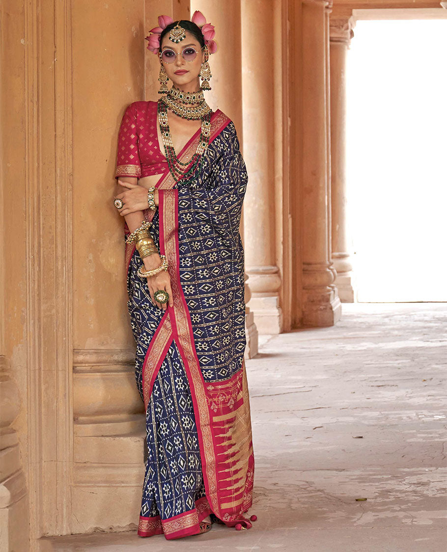 Navy blue buttas enclosed checked designer catalog saree, contrast stone work border, and pallu of temple design and stone work
