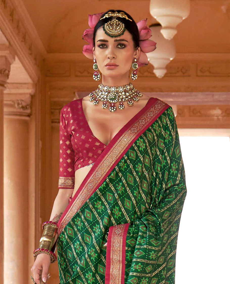 Green and red buttas enclosed checked designer catalog saree, contrast stone work border, and pallu of temple design and stone work