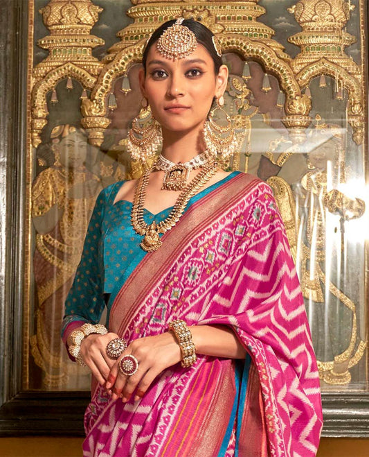 Pink ikkat chevron striped designer catalog saree, zari border and ikkat geometric patterned pallu