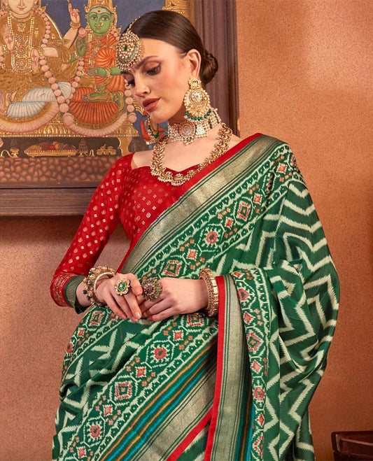 Green ikkat chevron striped designer catalog saree, zari border and ikkat geometric patterned pallu