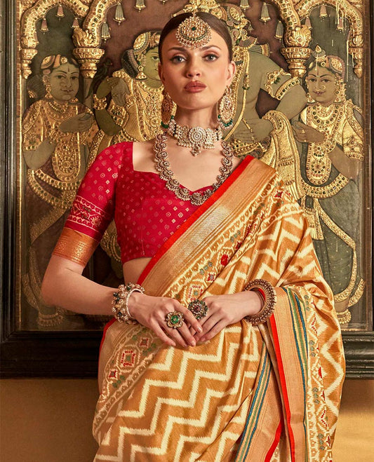 Gold ikkat chevron striped designer catalog saree, zari border and ikkat geometric patterned pallu