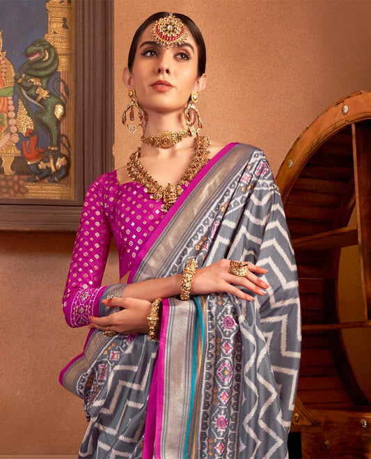 Grey ikkat chevron striped designer catalog saree, zari border and ikkat geometric patterned pallu