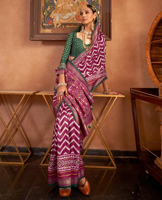 Wine ikkat chevron striped designer catalog saree, zari border and ikkat geometric patterned pallu