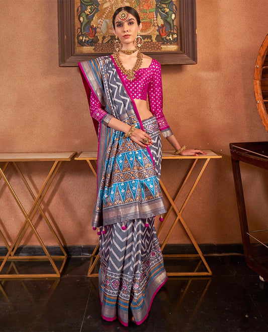 Grey ikkat chevron striped designer catalog saree, zari border and ikkat geometric patterned pallu