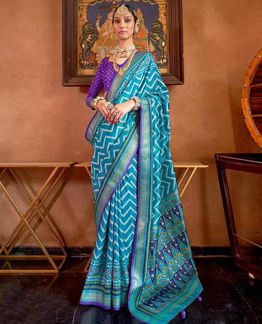 Blue ikkat chevron striped designer catalog saree, zari border and ikkat geometric patterned pallu