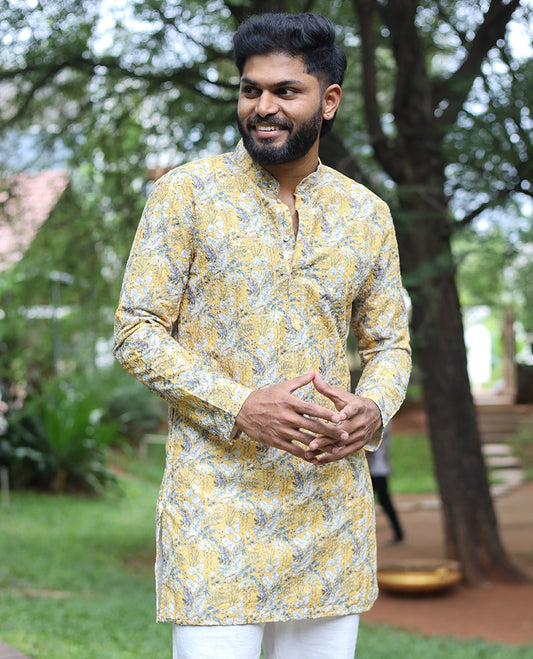 Yellow Tropical-Style Floral Printed with Sequins Work Full-Sleeved Men's Kurta