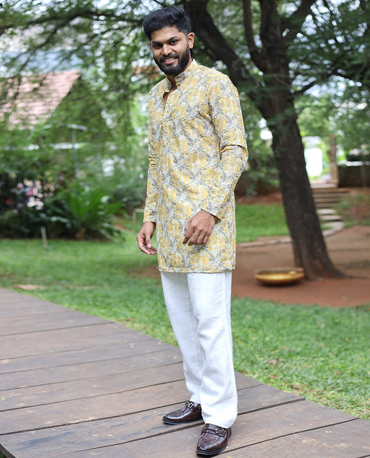 Yellow Tropical-Style Floral Printed with Sequins Work Full-Sleeved Men's Kurta