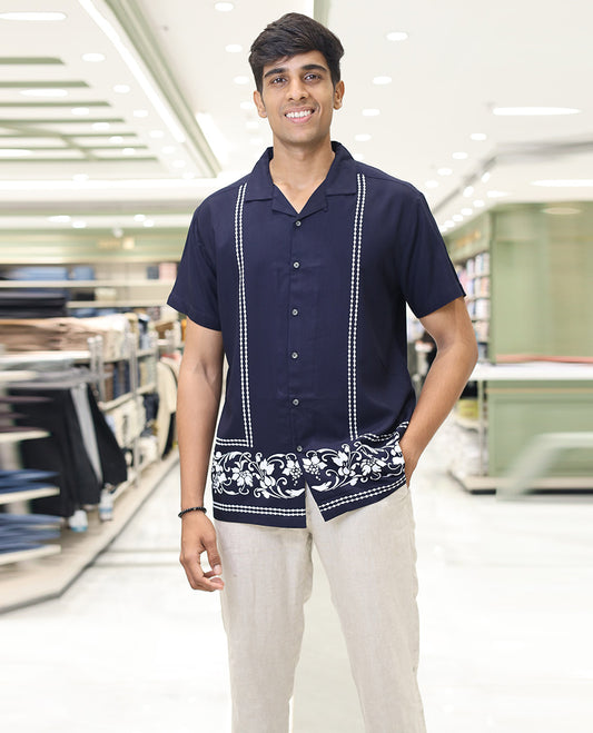 Navy Blue Cotton-Blended Casual Shirt, Subtly Designed with Floral-Theme Prints, Comes with a Cuban Collar, Half-Sleeves, Regular Fit, and Regular Length