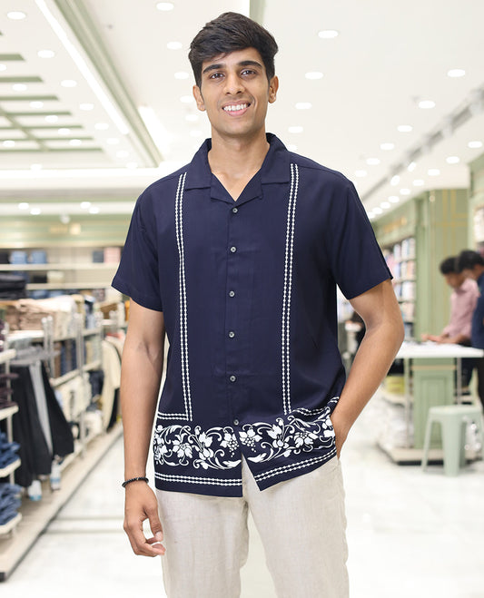 Navy Blue Cotton-Blended Casual Shirt, Subtly Designed with Floral-Theme Prints, Comes with a Cuban Collar, Half-Sleeves, Regular Fit, and Regular Length