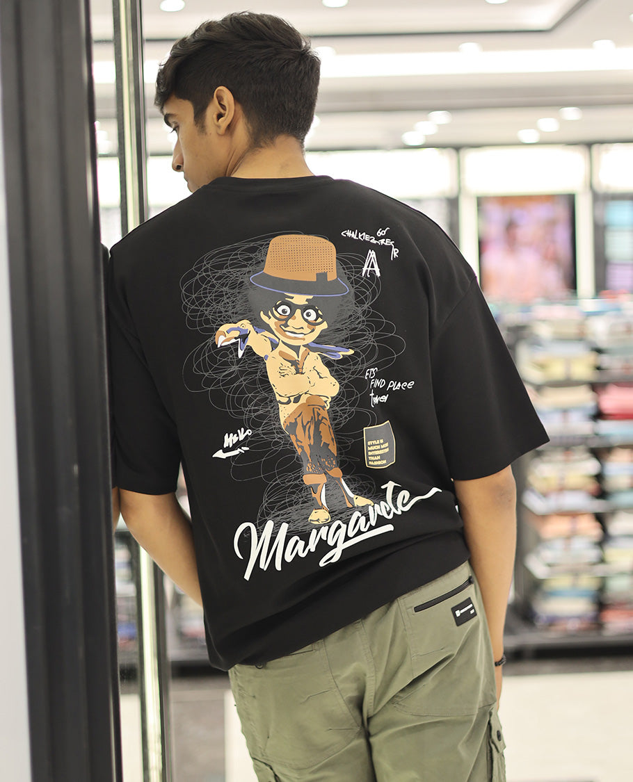 Black Glow in the Dark Cotton-Blended T-Shirt, Accentuated with Colorful Cartoon Motifs Print, Comes with a Crew Neck, Half-Sleeves, Oversized Fit, and Long Length