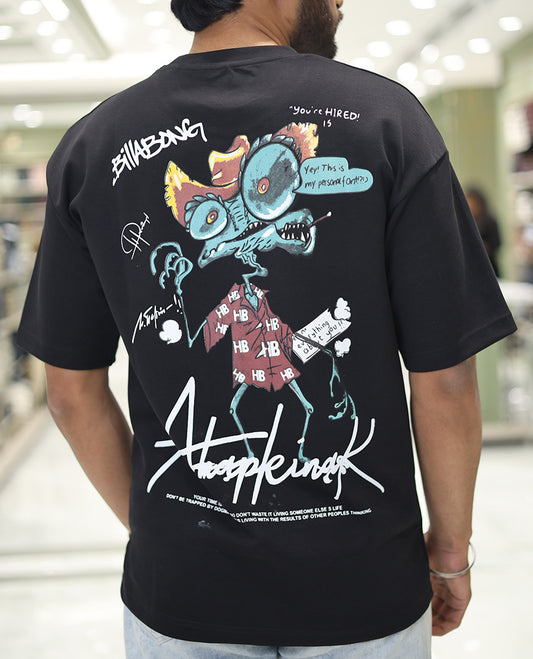 Black Glow in the Dark Cotton-Blended T-Shirt, Elevated with Colorful Cartoon Motifs Print, Comes with a Crew Neck, Half-Sleeves, Oversized Fit, and Long Length