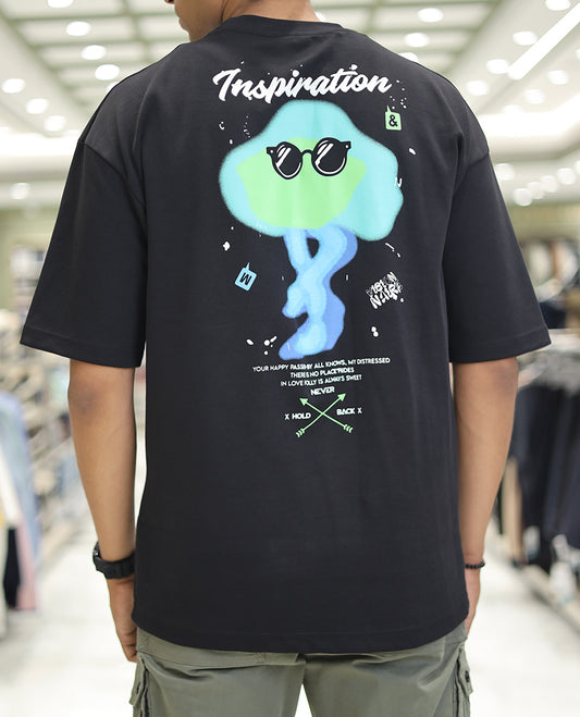 Black Glow in the Dark Cotton-Blended T-Shirt, Adorned with Colorful Cartoon Motifs Print, Comes with a Crew Neck, Half-Sleeves, Oversized Fit, and Long Length