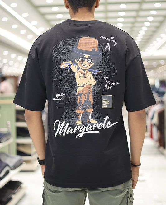 Black Glow in the Dark Cotton-Blended T-Shirt, Accentuated with Colorful Cartoon Motifs Print, Comes with a Crew Neck, Half-Sleeves, Oversized Fit, and Long Length