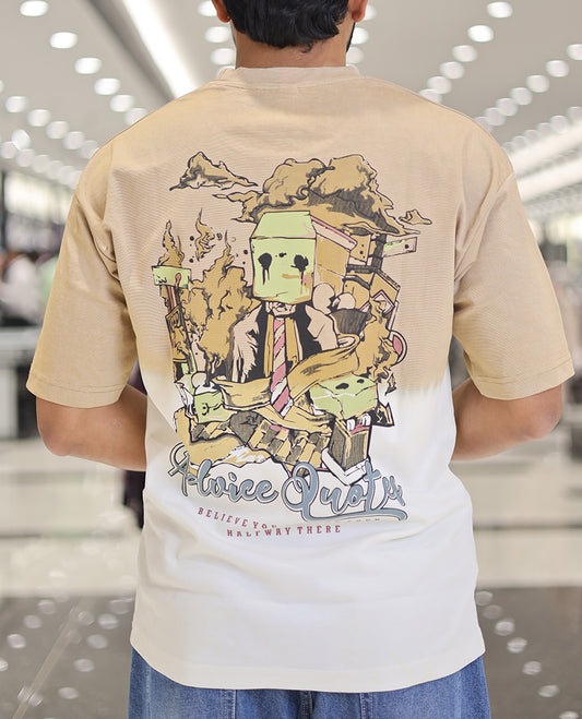 Yellow Cotton-Blended Ombre T-Shirt, Artfully Detailed with Funky Motifs and Typography Prints, Comes with a Crew Neck, Half-Sleeves, Oversized Fit, and Long Length