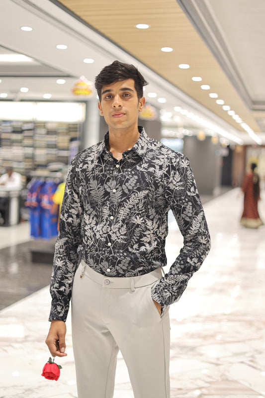 Black Cotton Blended Casual Shirt, Elevated with Vibrant Tropical Floral Prints, a Spread Collar, Full Sleeves, Slim Fit, and Regular Length