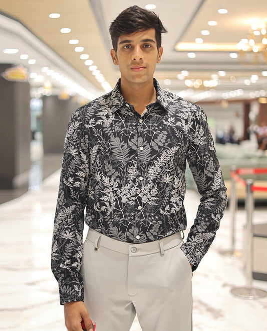 Black Cotton Blended Casual Shirt, Elevated with Vibrant Tropical Floral Prints, a Spread Collar, Full Sleeves, Slim Fit, and Regular Length
