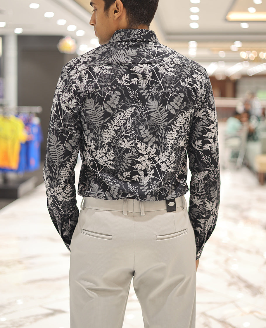 Black Cotton Blended Casual Shirt, Elevated with Vibrant Tropical Floral Prints, a Spread Collar, Full Sleeves, Slim Fit, and Regular Length